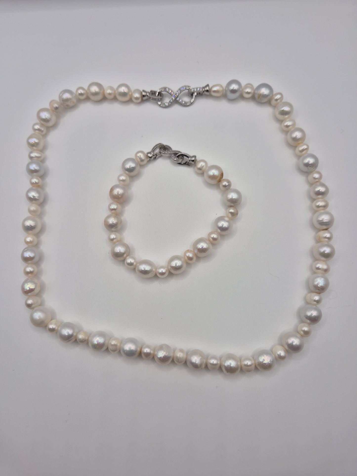 Classic Pearl Necklace & Bracelet Set with Sterling Silver Infinity Clasp