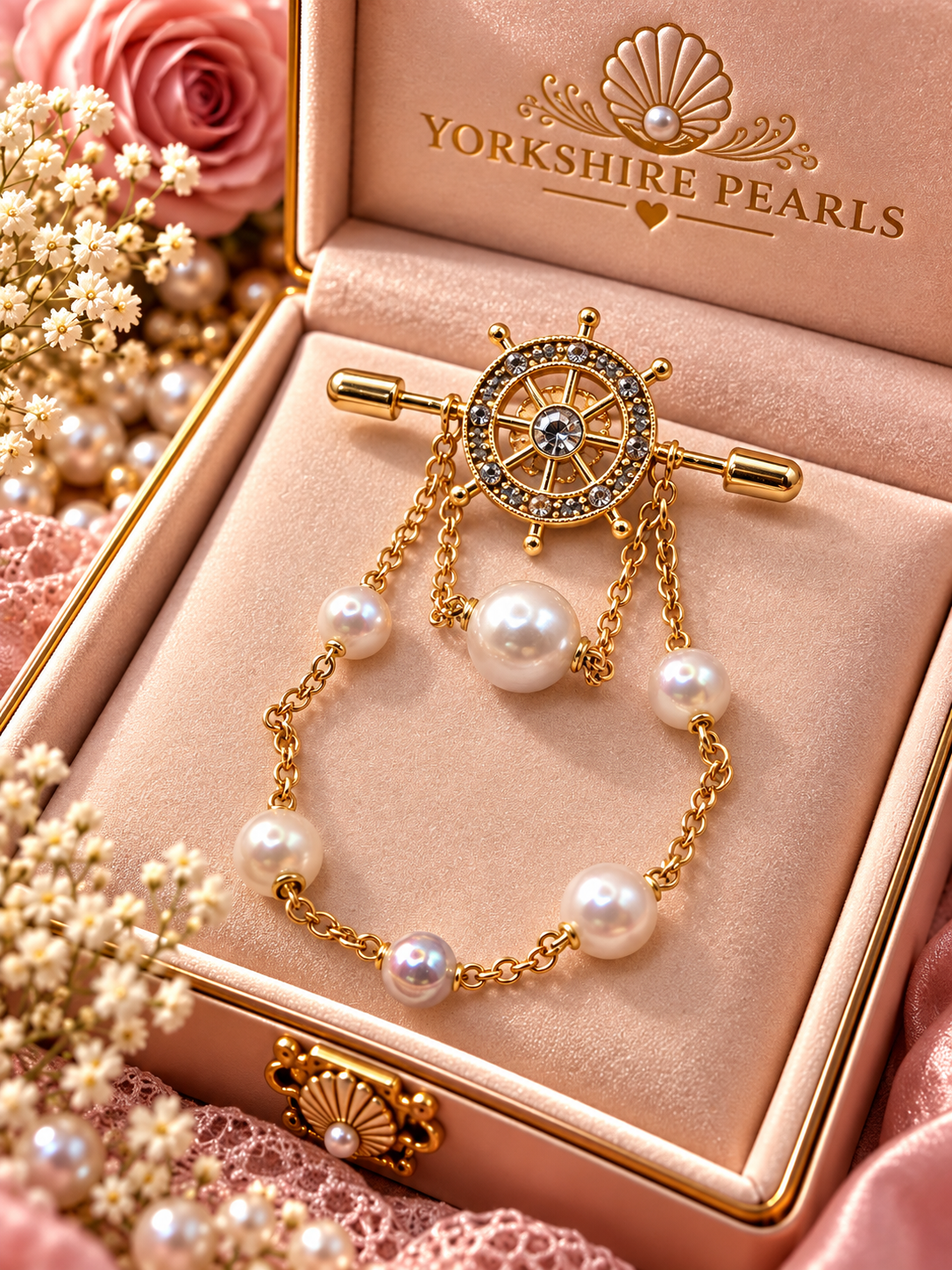 Golden Ship Wheel Multi Pearl Pin