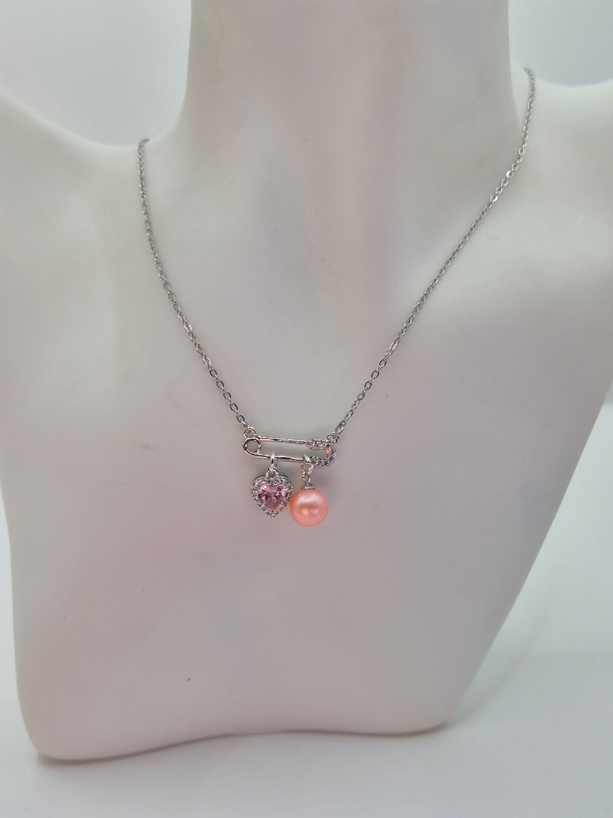 Pink Pearl & Heart Safety Pin Necklace