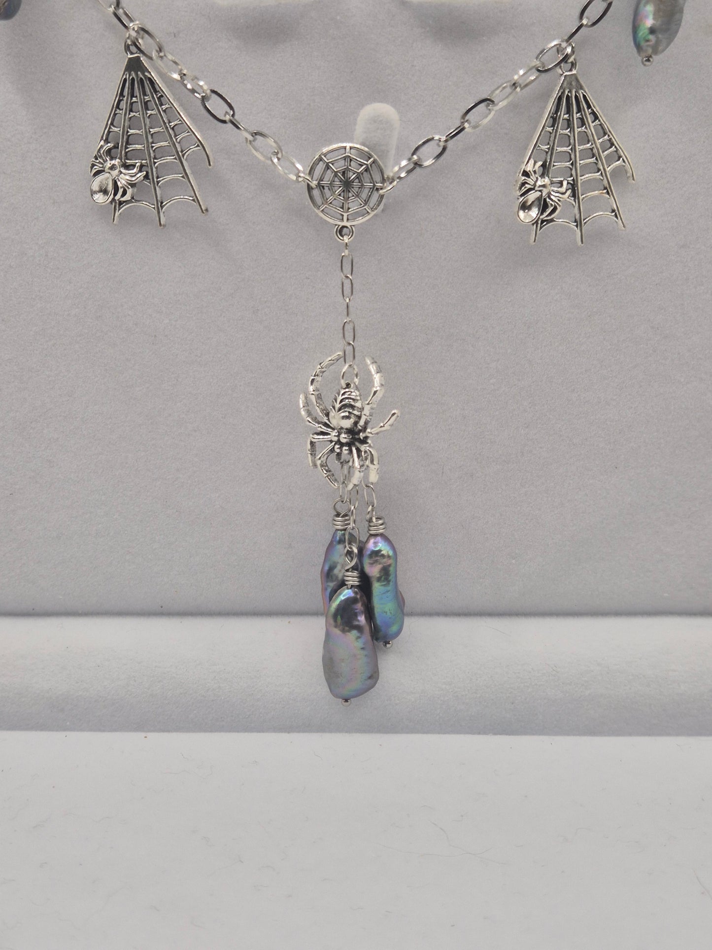 Web & Spider Drop Pearl Necklace