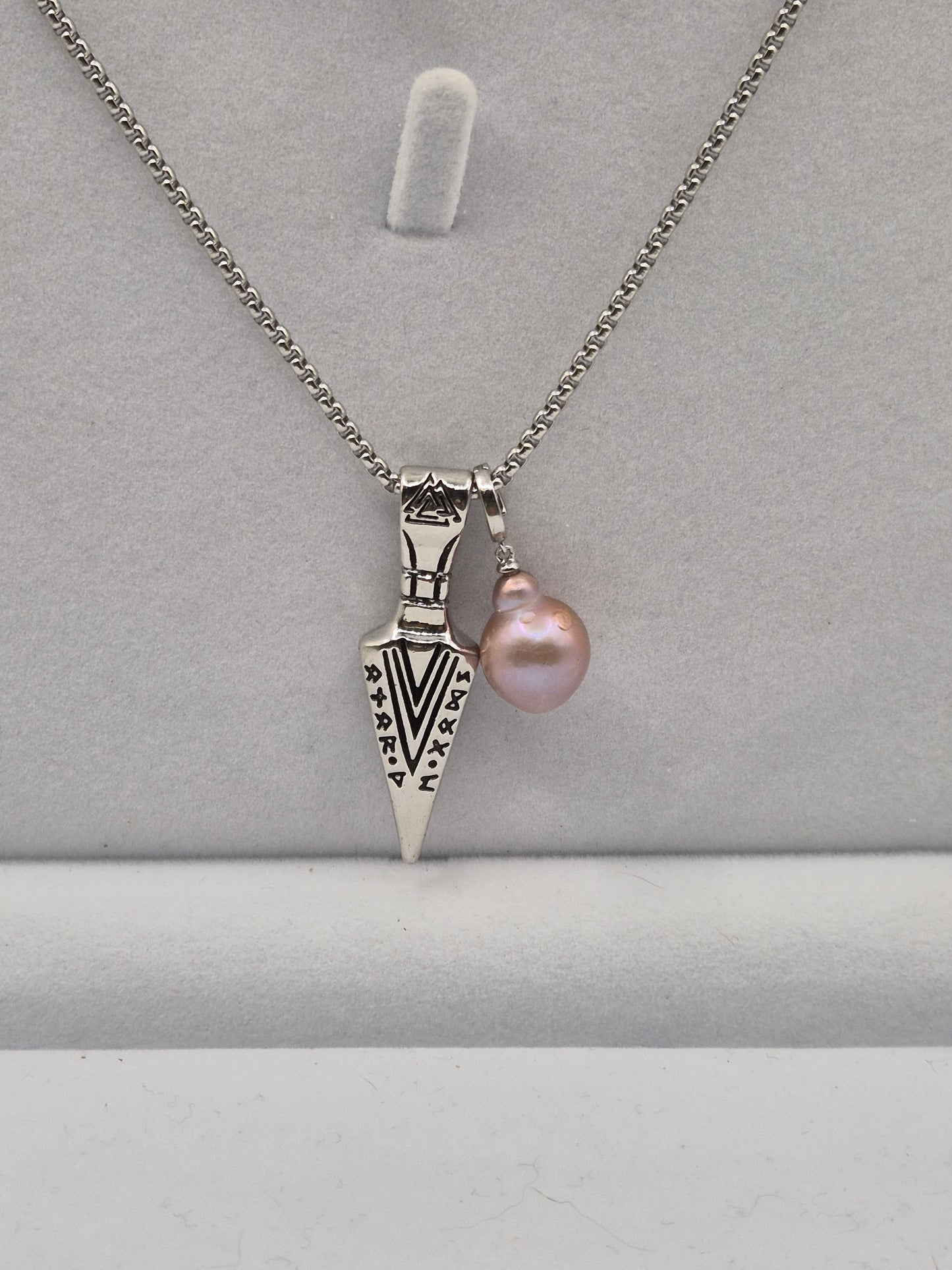 Etched Viking Arrow Head Pendant Necklace with Baroque Pearl