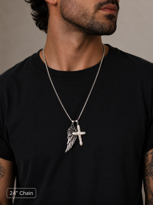 Angel Rose with Large Cross Pearl Necklace