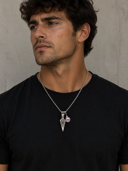 Etched Viking Arrow Head Pendant Necklace with Baroque Pearl