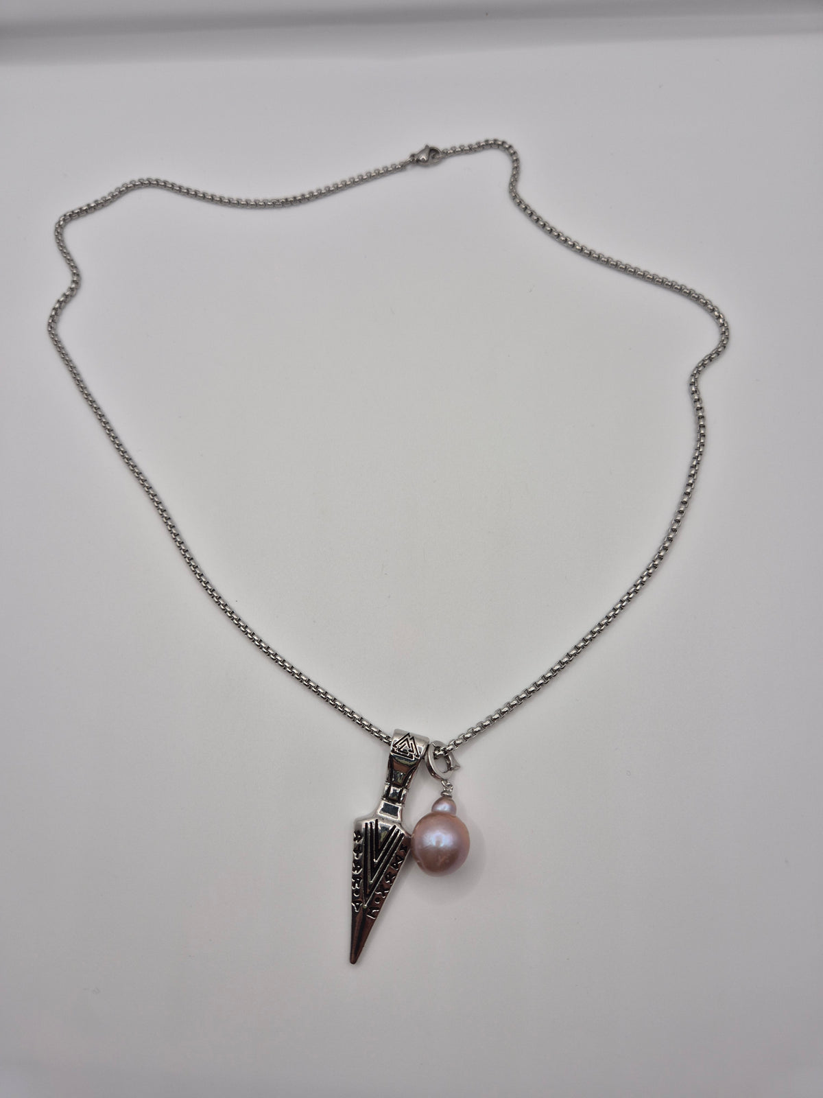 Etched Viking Arrow Head Pendant Necklace with Baroque Pearl