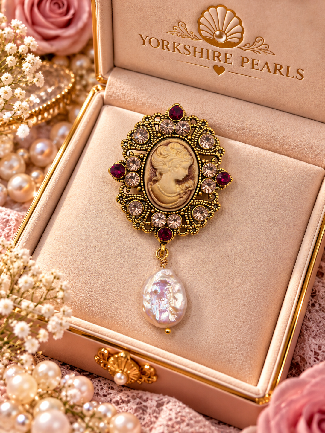 Antique Cameo Button Pearl Brooch