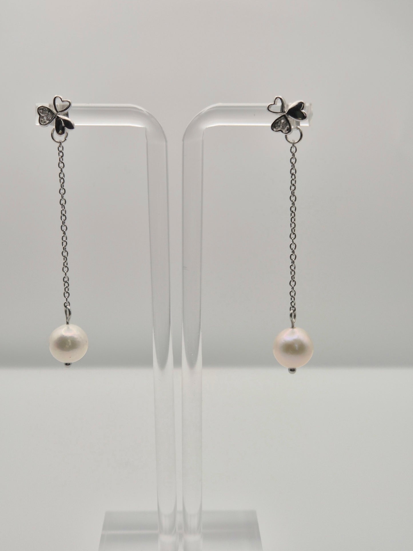Silver Clover Pearl Drop Studs