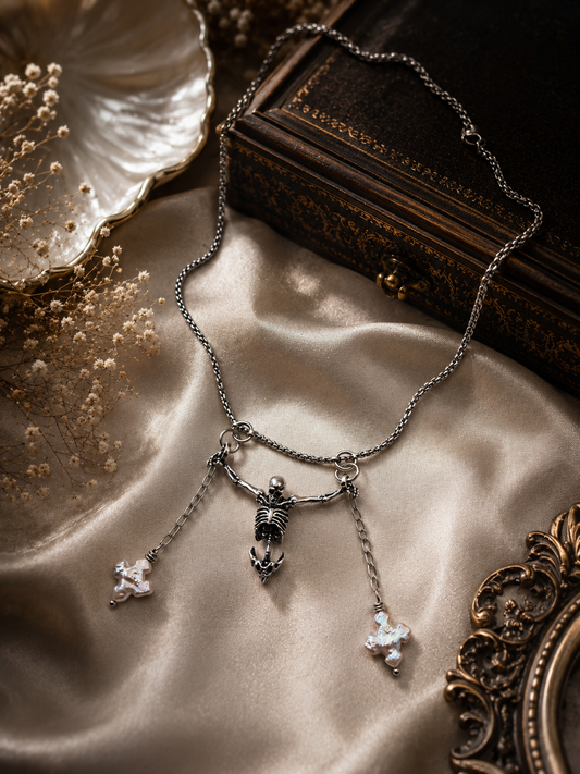 Hanging Skeleton Gothic Pearl Pendant Necklace