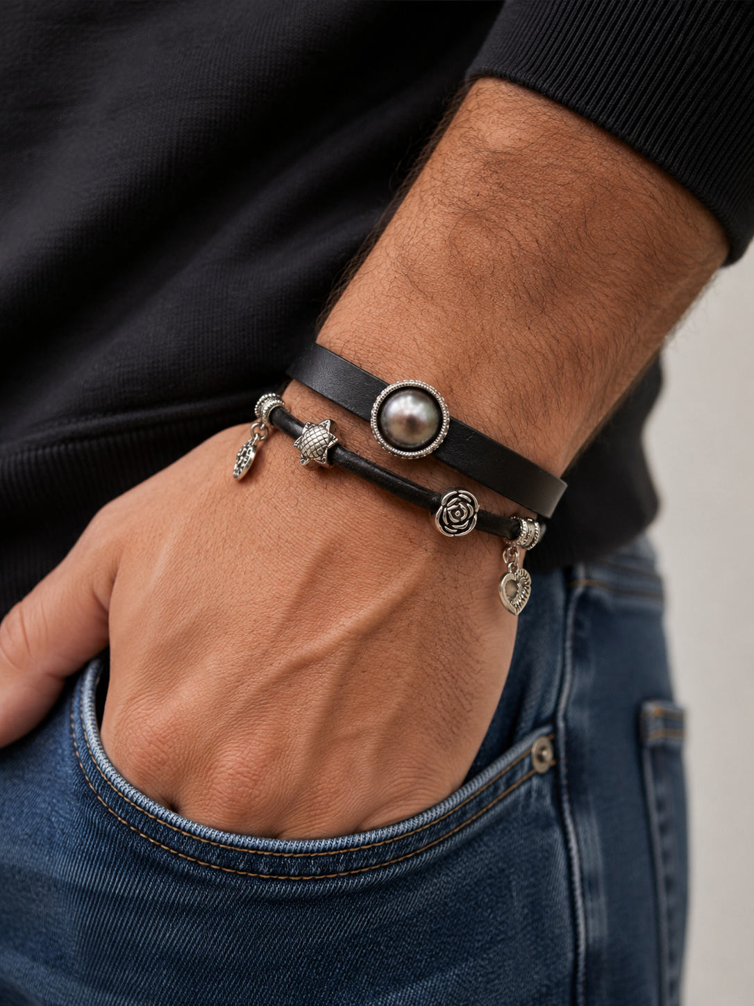 Saltwater Mabe & Charm Double Leather Strand Bracelet
