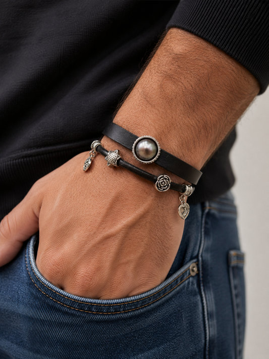 Saltwater Mabe & Charm Double Leather Strand Bracelet