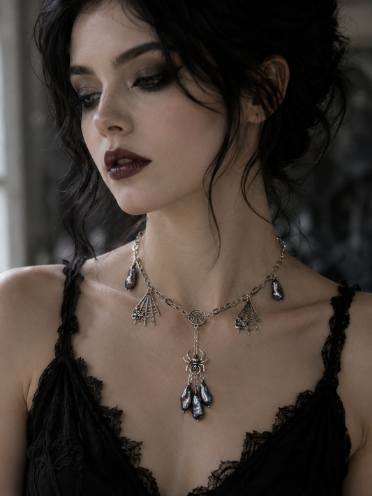 Web & Spider Drop Pearl Necklace