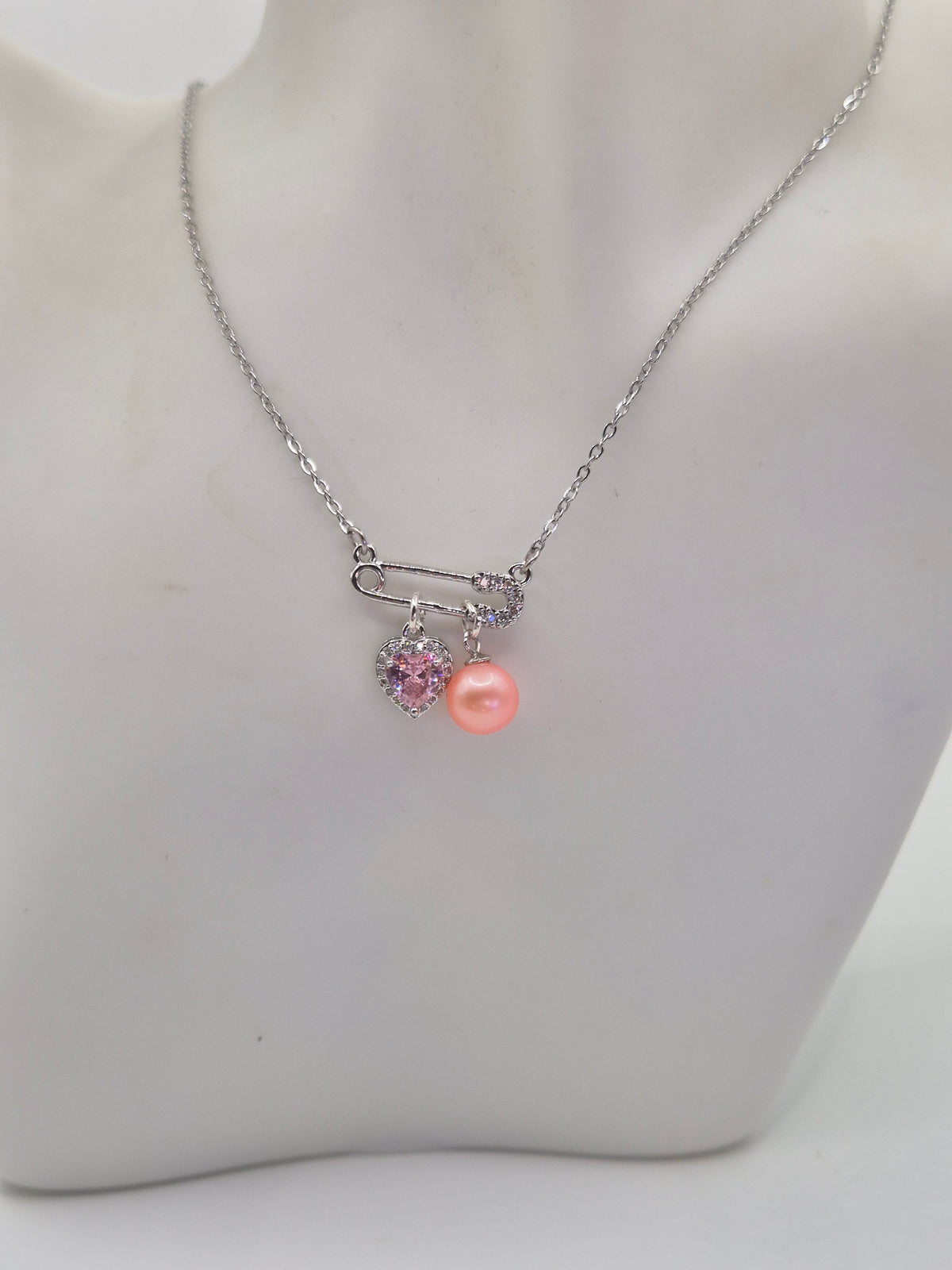Pink Pearl & Heart Safety Pin Necklace