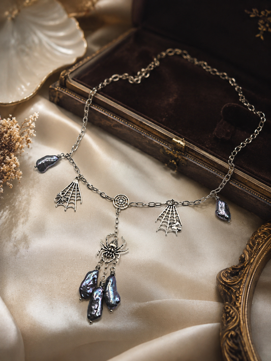 Web & Spider Drop Pearl Necklace
