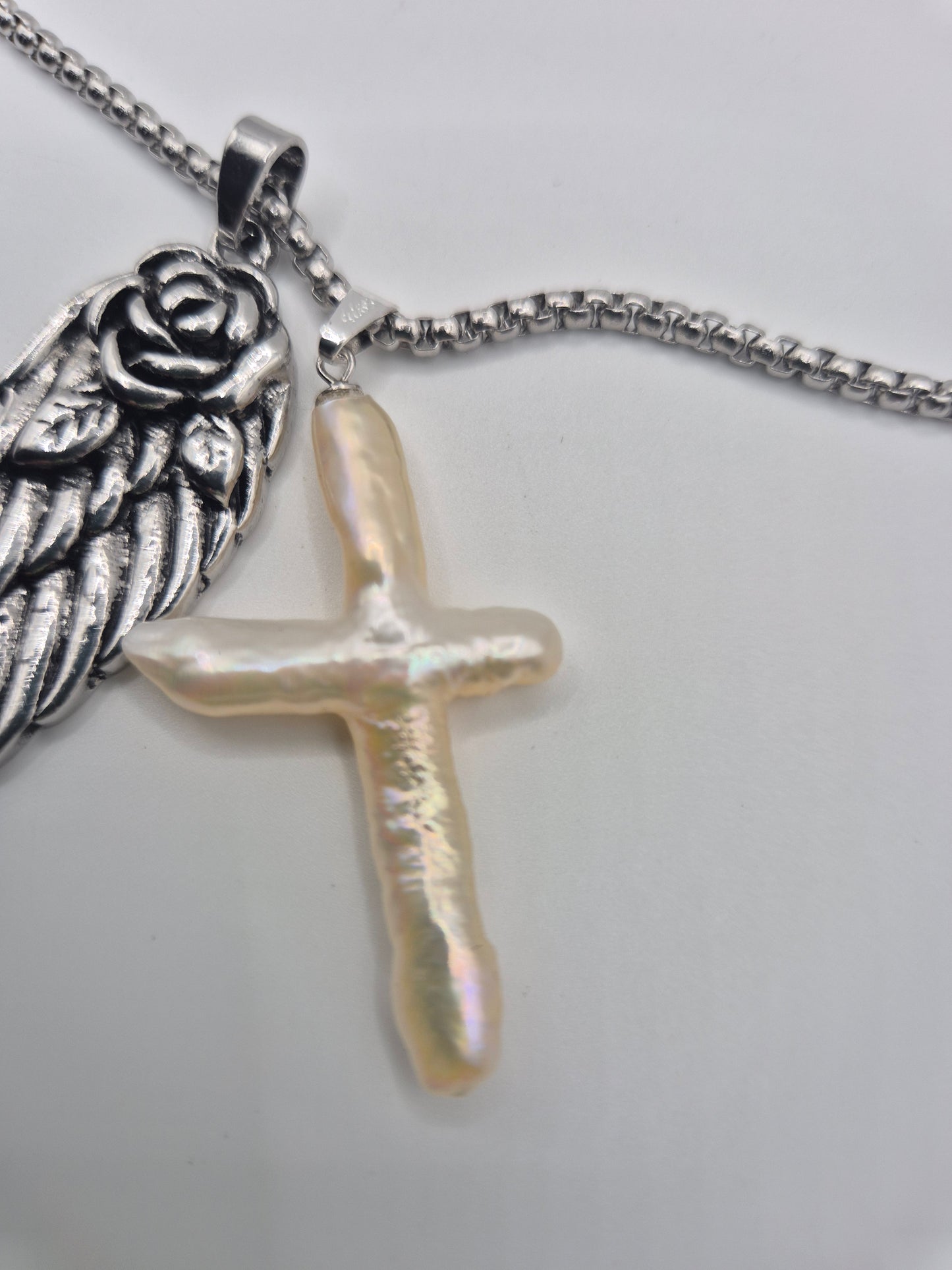 Angel Rose with Large Cross Pearl Necklace