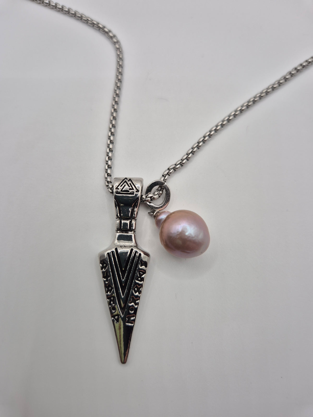 Etched Viking Arrow Head Pendant Necklace with Baroque Pearl