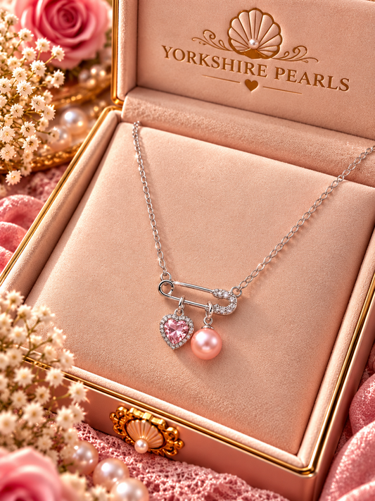 Pink Pearl & Heart Safety Pin Necklace