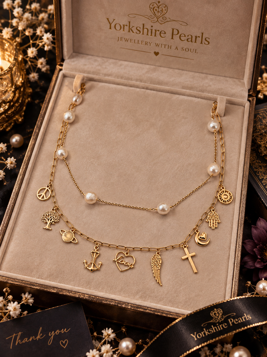 Golden Soul Talisman Pearl & Charm Necklace