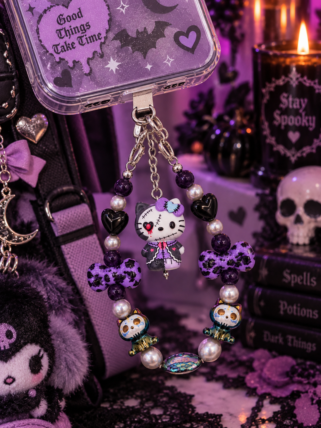 Zombie Kitty Pearl & Amethyst Phone & Bag Charm