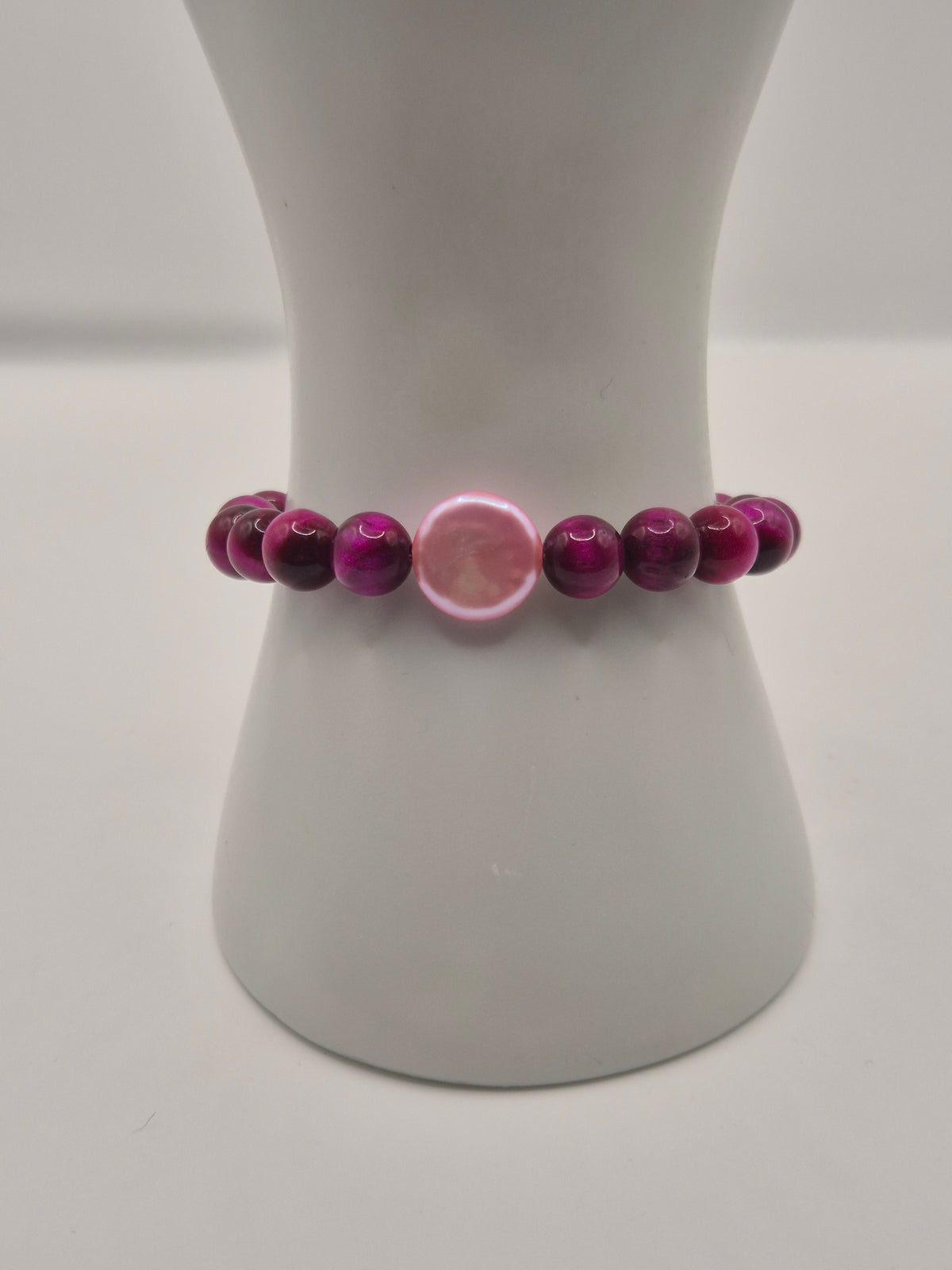 Pink Tigers Eye & Button Pearl Stretch Bracelet
