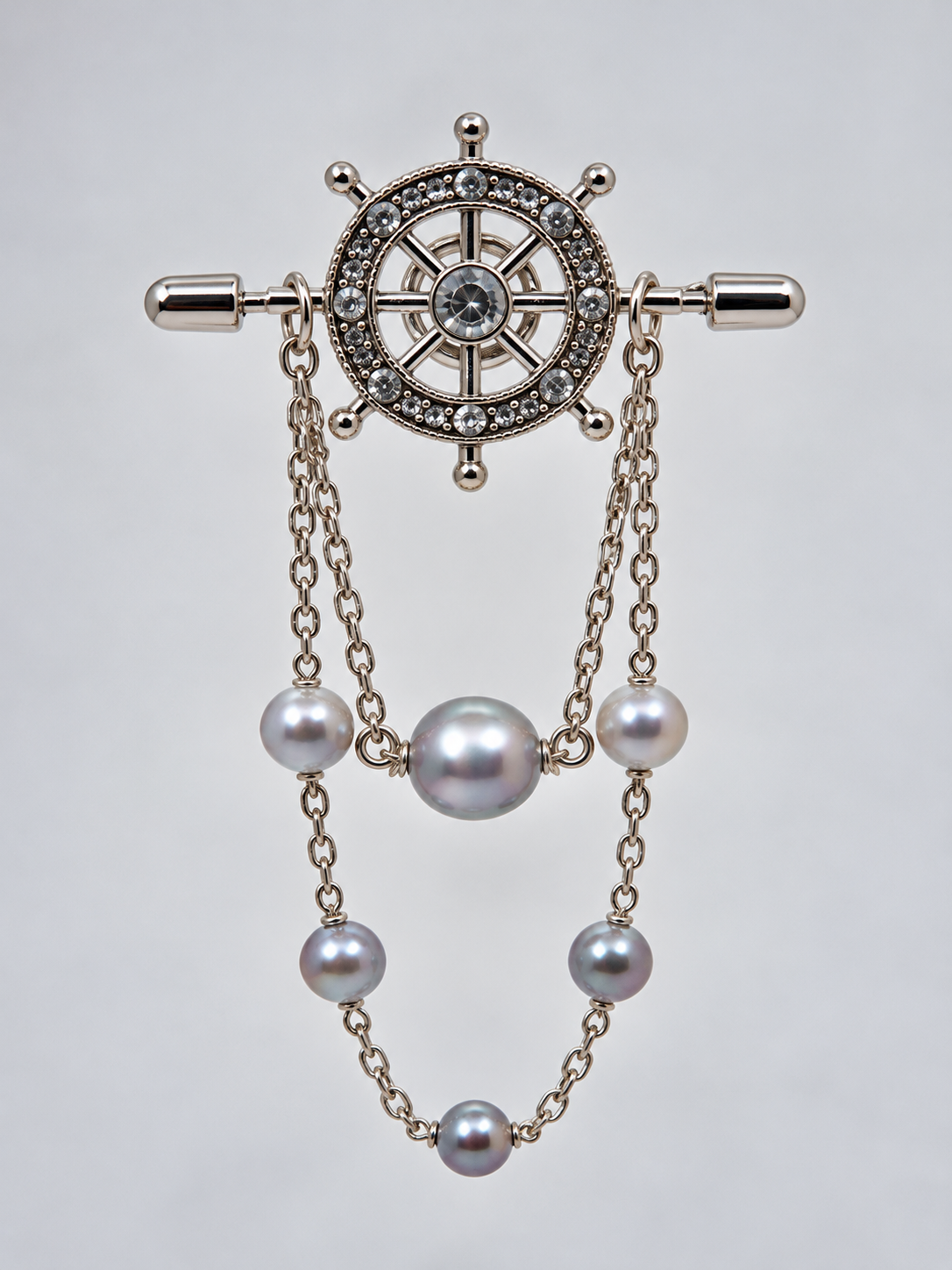 Silver Ship Wheel Madama Pearl Pin