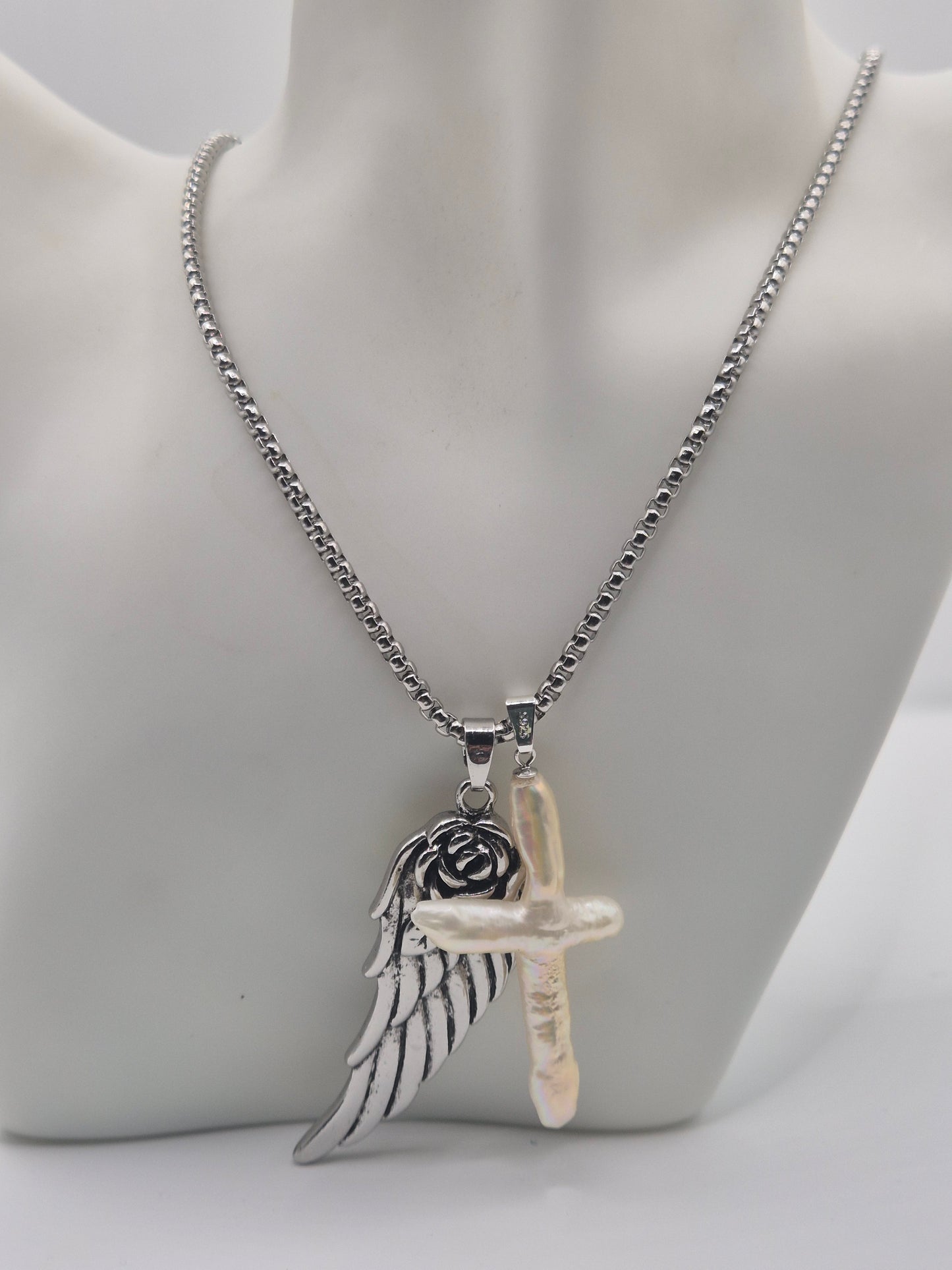 Angel Rose with Large Cross Pearl Necklace