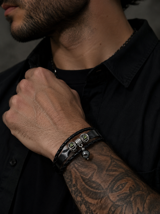 Triple Strand Leather Bracelet with Black Tahitian