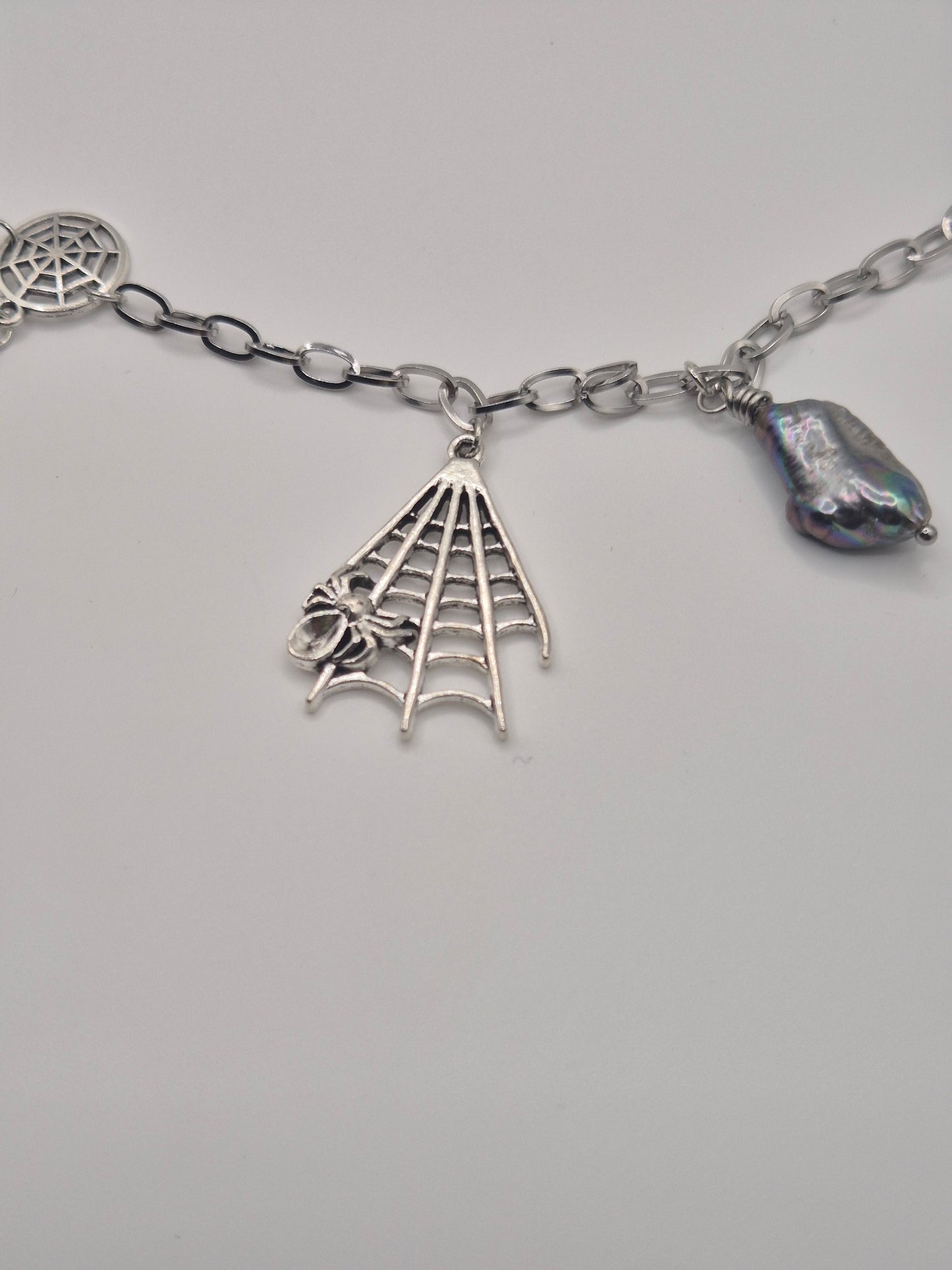 Web & Spider Drop Pearl Necklace