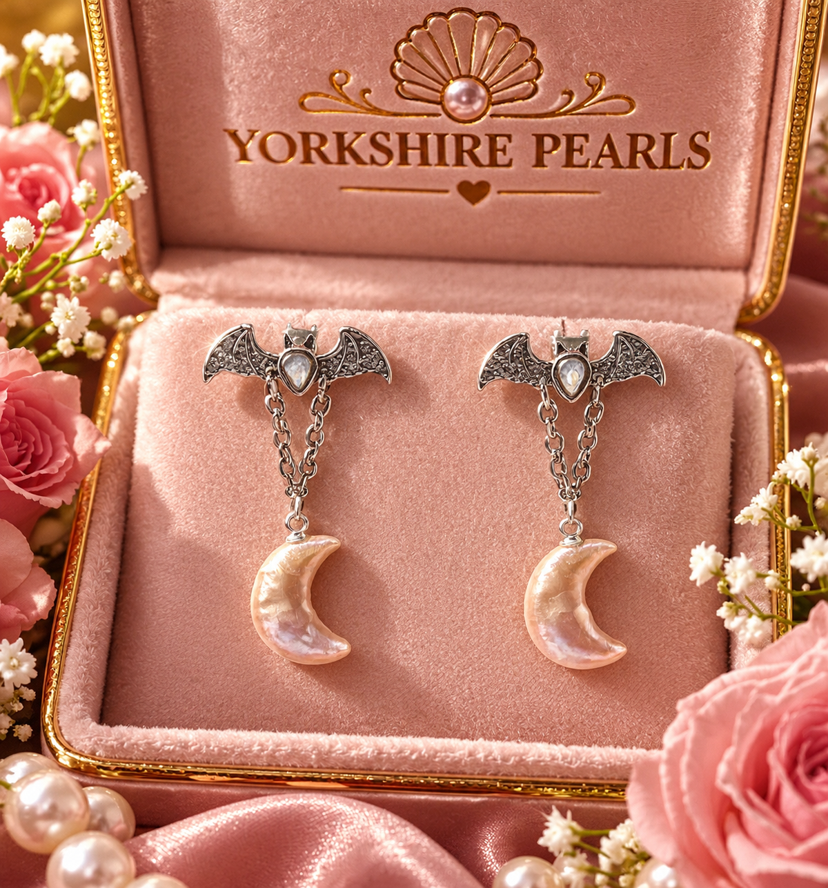 Bat Stud Moon Pearl Earrings