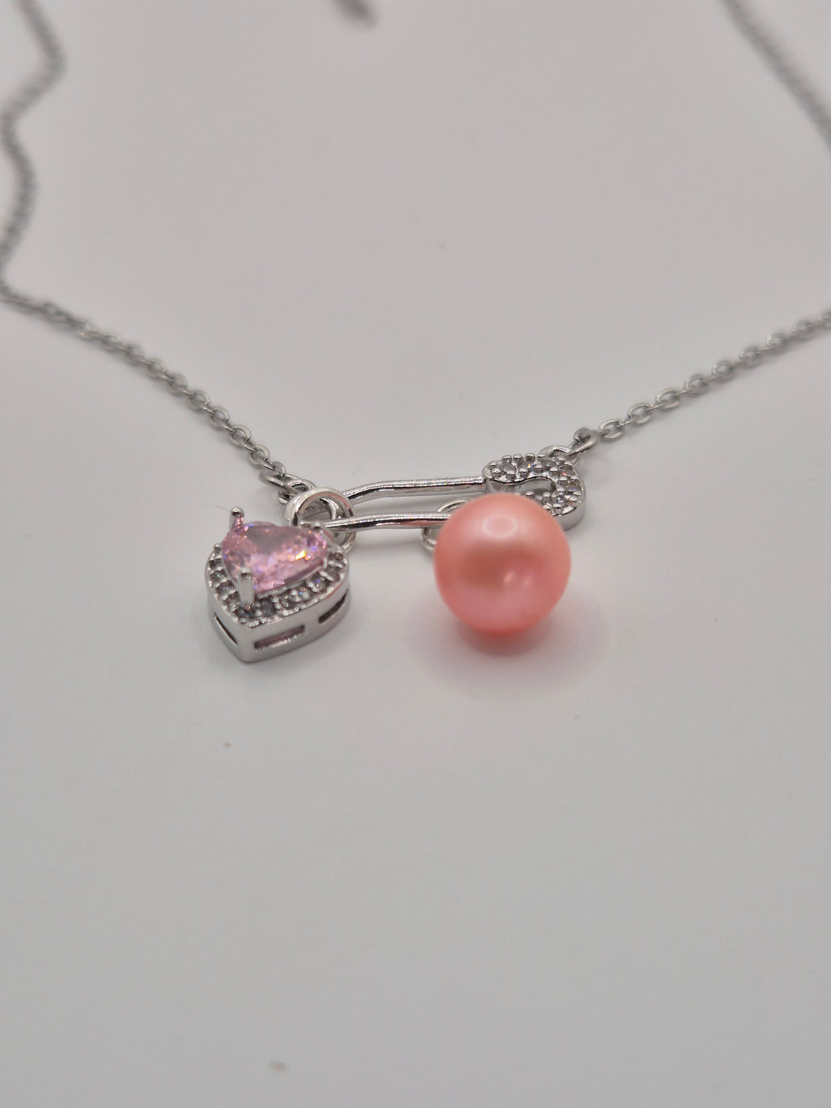 Pink Pearl & Heart Safety Pin Necklace