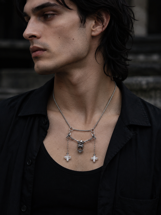 Hanging Skeleton Gothic Pearl Pendant Necklace
